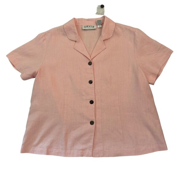 Y2K Orvis Pink Linen Short Sleeve Blouse Size 16P Button Front Shirt Retro - Picture 3 of 9